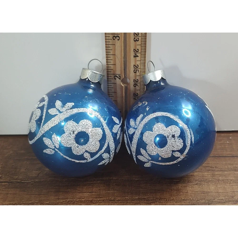 Vtg Shiny Brite Blue Christmas Glass Ornaments Snow Floral Glitter Set Of 2 B4